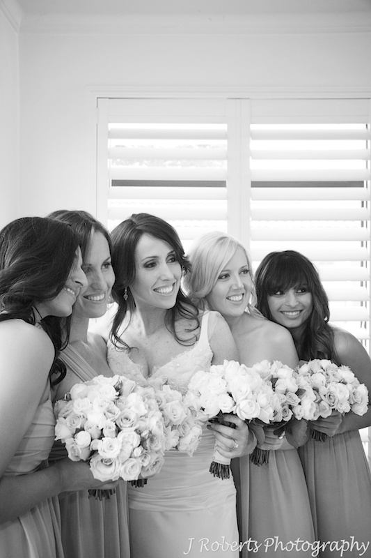 B&W of bride with bridesmaids - wedding photography sydney